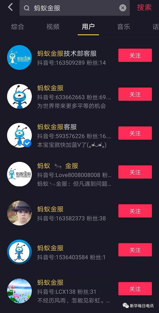 在抖音中以“螞蟻金服”等關鍵詞進行檢索，出現大量山寨官方賬號的用戶，具有一定迷惑性。（手機截屏）
