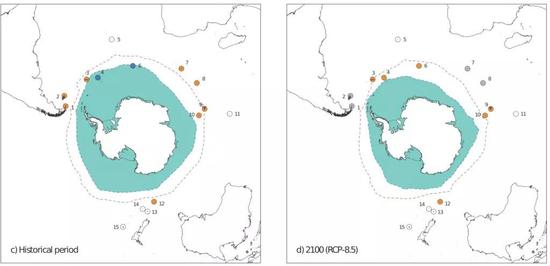 左圖為1981-2005年的情況，右圖為2100年的預(yù)測(cè)情況。圖中藍(lán)色陰影區(qū)域表示南極海冰的范圍，虛線表示鋒面的位置，不同數(shù)字代表南極大陸周圍的不同島嶼。島嶼的不同顏色的意義如下：橙色表示可以作為企鵝的棲息地；灰色表示距離鋒面太遠(yuǎn)，無(wú)法作為棲息地；白色表示島上沒(méi)有企鵝；藍(lán)色表示島上太寒冷，不能作為棲息地。圖中8號(hào)島嶼代表科雄島所在的克洛澤群島，我們可以看到，目前該群島適宜王企鵝生存，但是到本世紀(jì)末，該島嶼就不再適宜王企鵝生存。圖片來(lái)源：參考文獻(xiàn)[6]